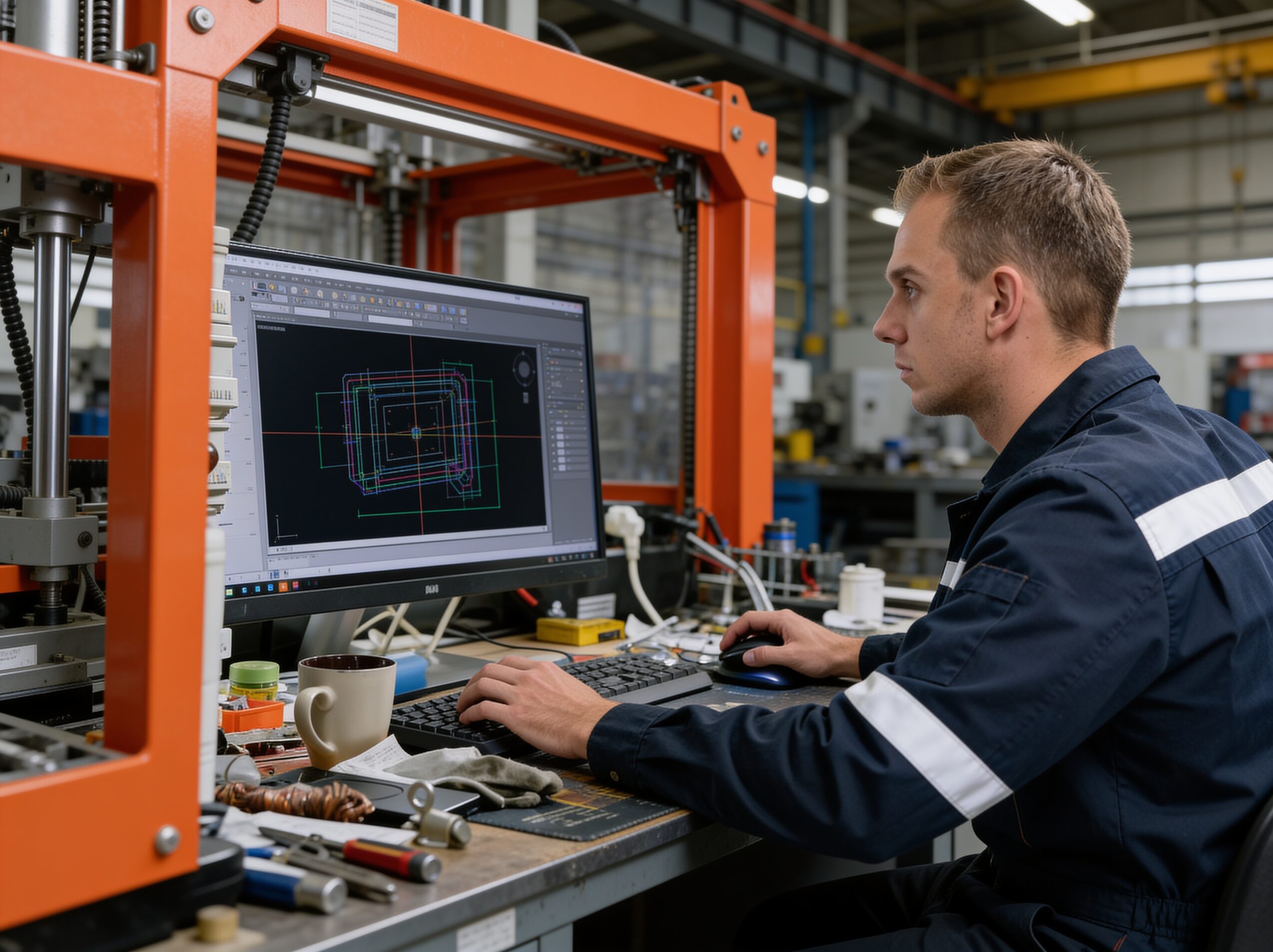 Man working on a computer with technical drawings on screen in an industrial setting.