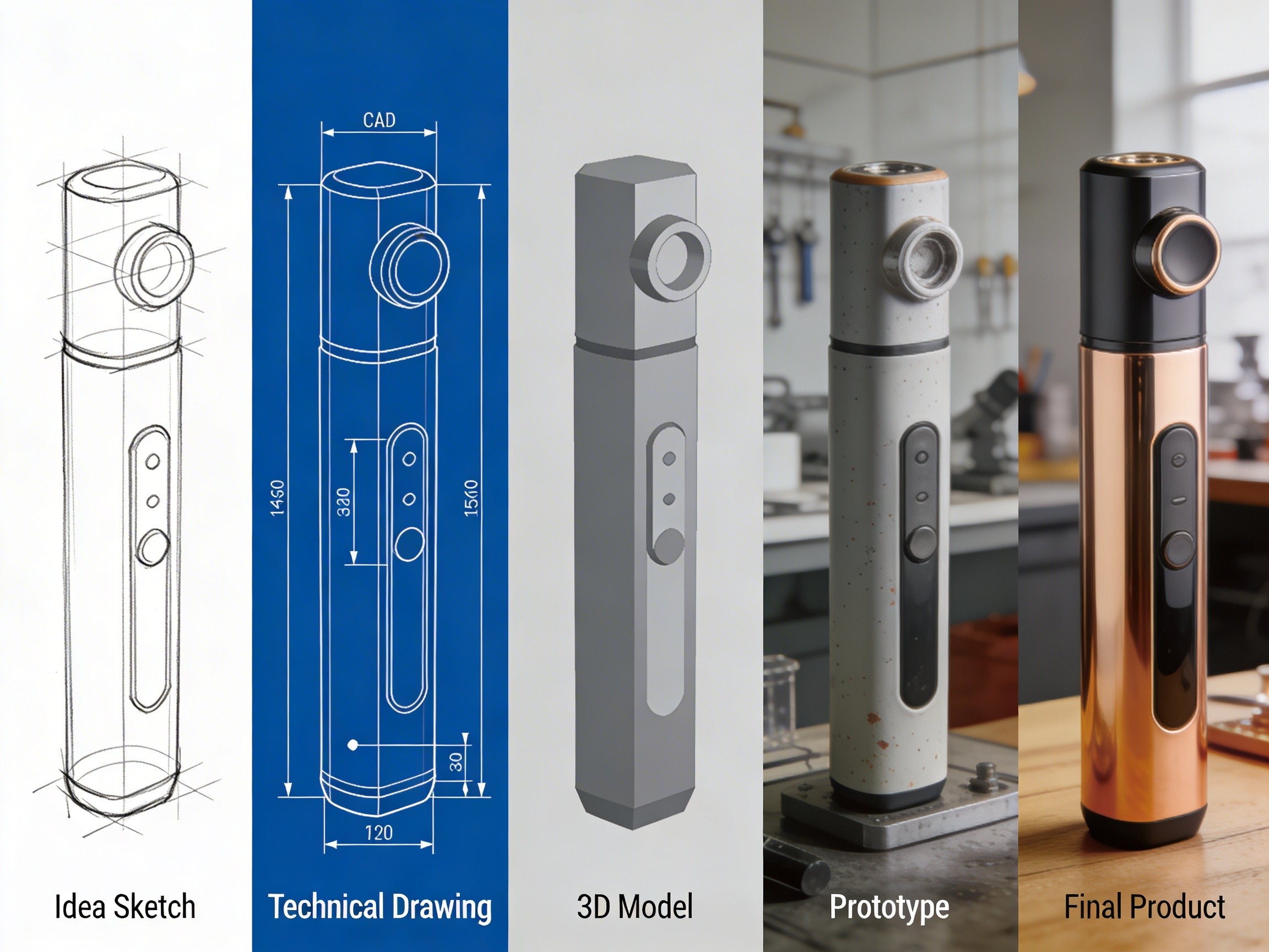 Sequence of a device design from sketch to final product, showing idea sketch, technical drawing, 3D model, prototype, and finished product.