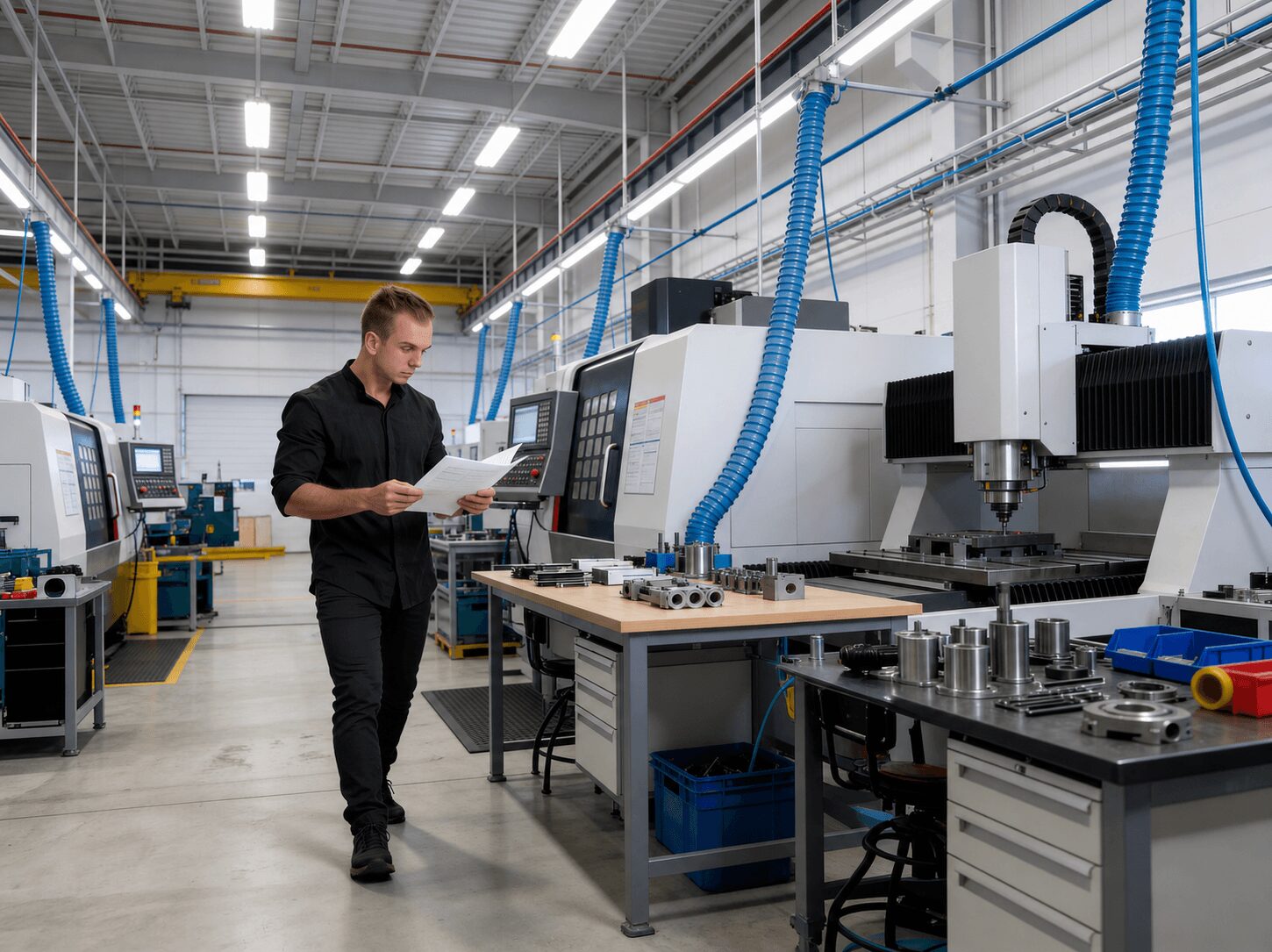 Man in black shirt walking in industrial workspace with machinery and tools, holding papers.