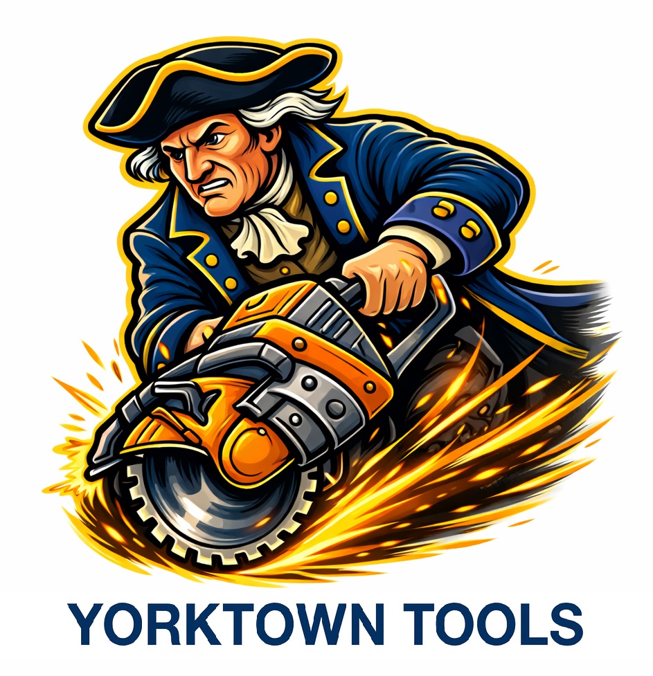 A man in historical clothing using a chainsaw with sparks flying, with the text 'YORKTOWN TOOLS' below.