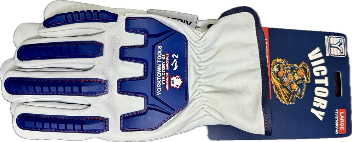 A white and blue sports glove with logos and text, including a lion emblem and the word 'VICTORY'.