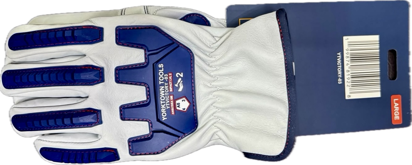 A white and blue goalkeeper glove with branding and a barcode, viewed from the side.