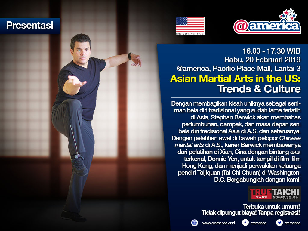 Event poster with American flag, Asian martial arts theme, and details about a cultural presentation on Asian martial arts in the US.