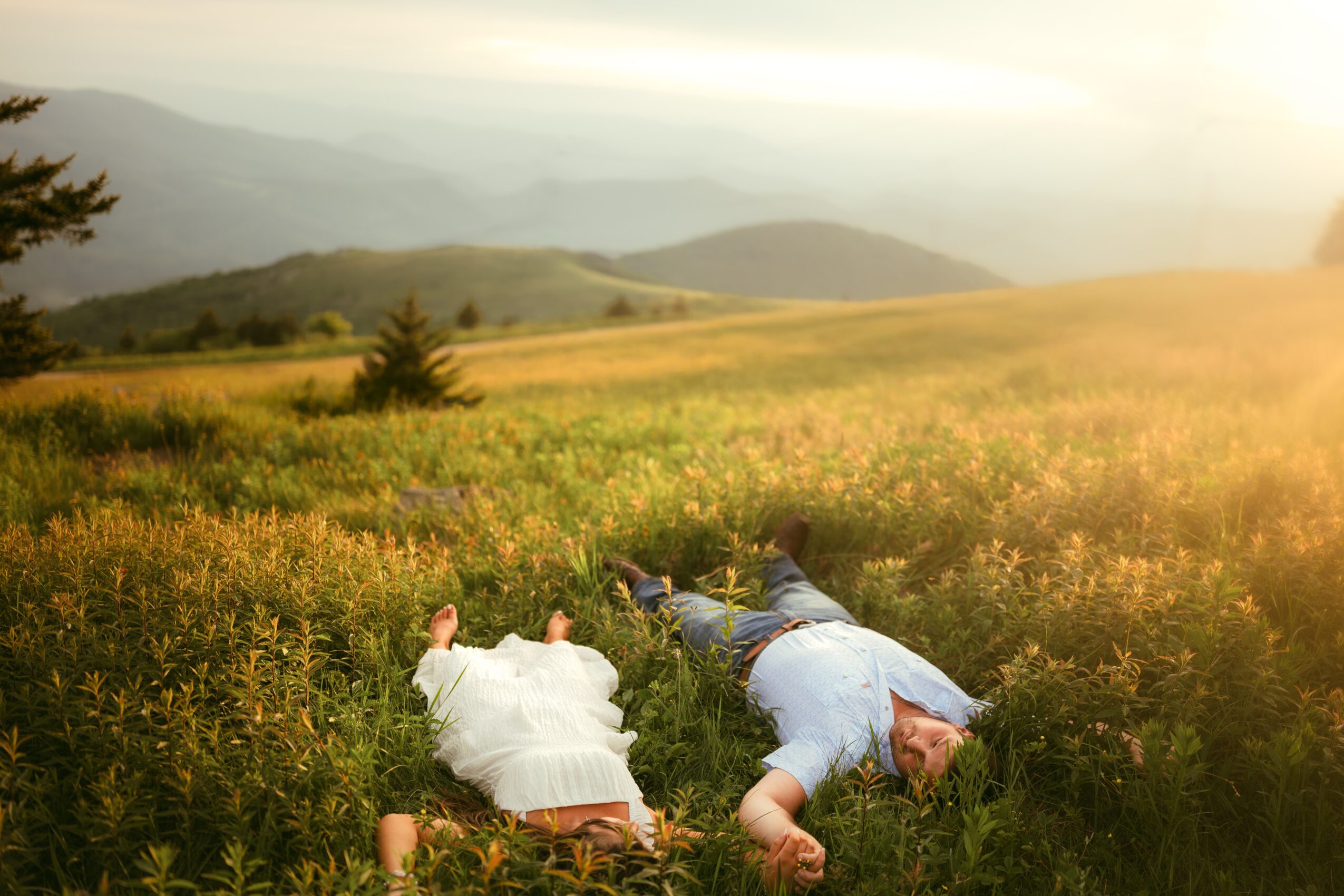 Two people lying in a grassy field with mountains in the background, sunlight shining brightly, and a few trees nearby.