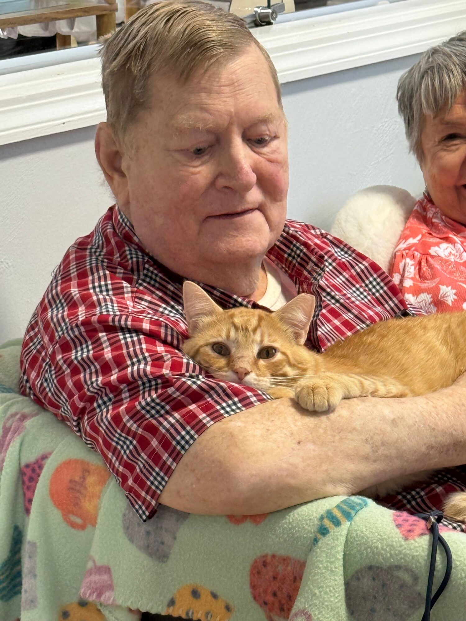 A person holding an orange tabby cat, with another person in the background, in a room with a window.