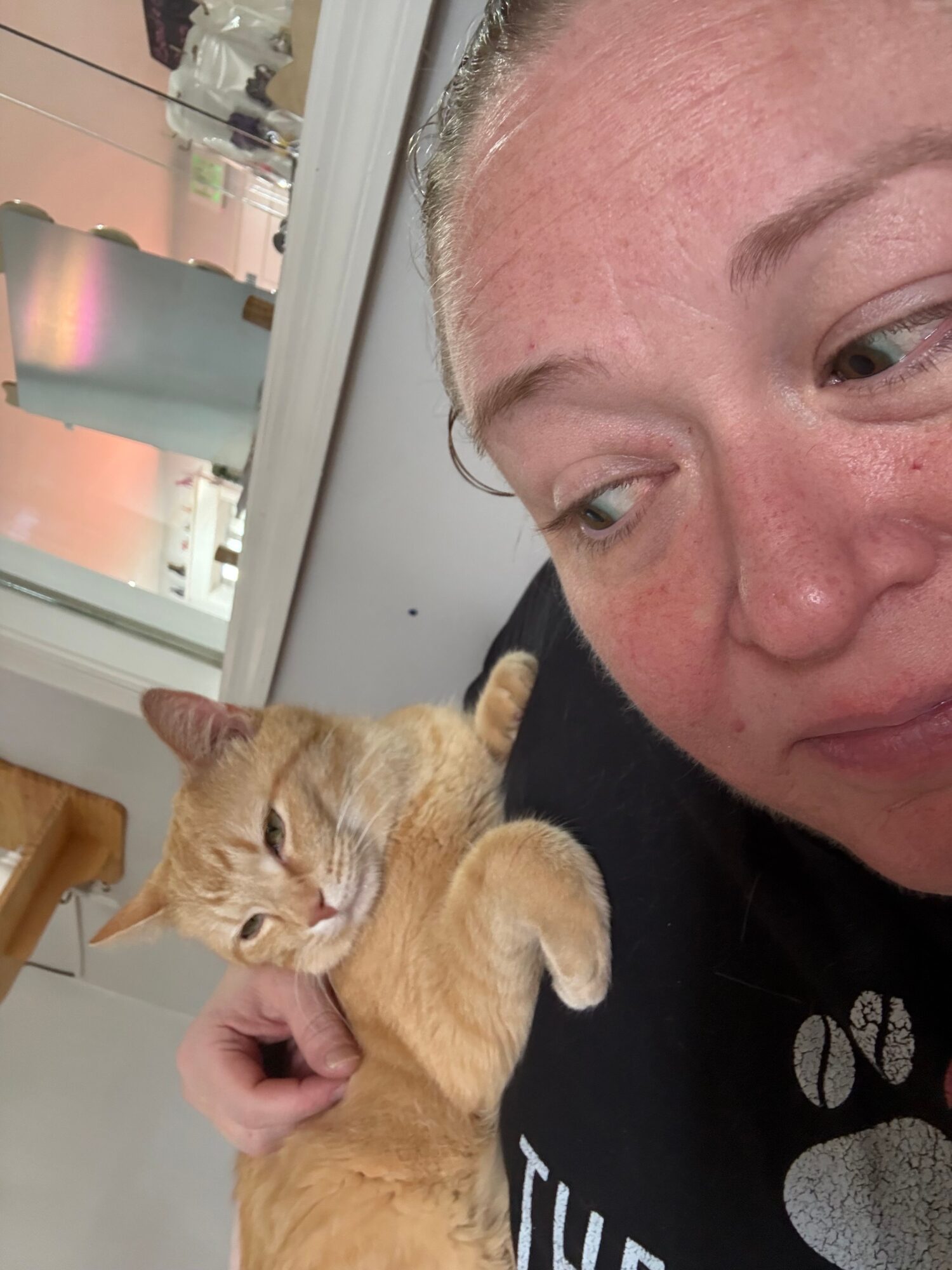 Person lying down with an orange cat resting on their chest, petting the cat's head.